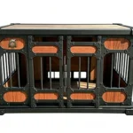 Heavy Duty Duplex Indoor Dog Kennel for 2 Large Dogs – TWIN DEN | Furniture Style Steel Frame Metal Wood-Grain Panel with Pull-Out Divider – Titan Villa